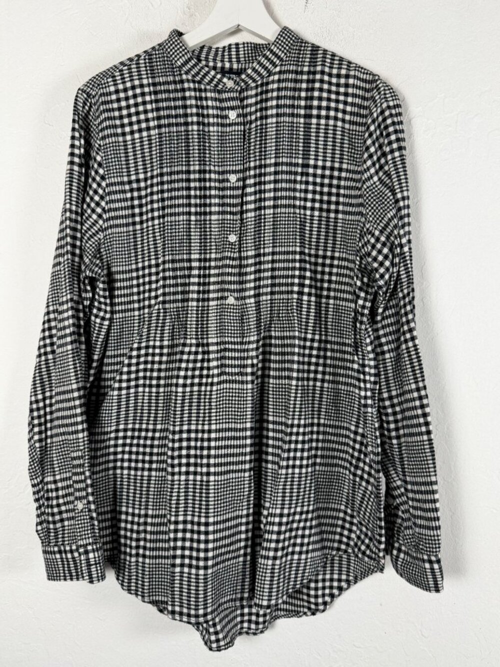 Lands' End Womens Black White Gingham Button-Front Tunic Shirt Long Sleeve 12T